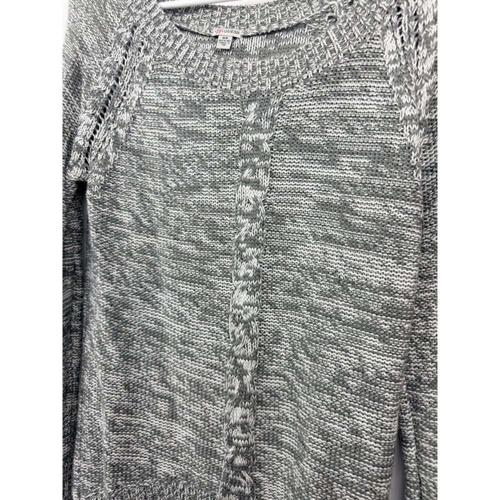 Guess Womens Gray White Marled Cable Knit Pointelle Scoop Neck Sweater Medium - Picture 3 of 8